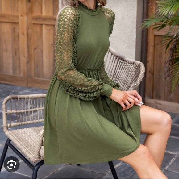 EXLURA Women’s Lace Tshirt Mini Dress Ruffle High Neck Lace Sleeve Swing Dress - Picture 2 of 6